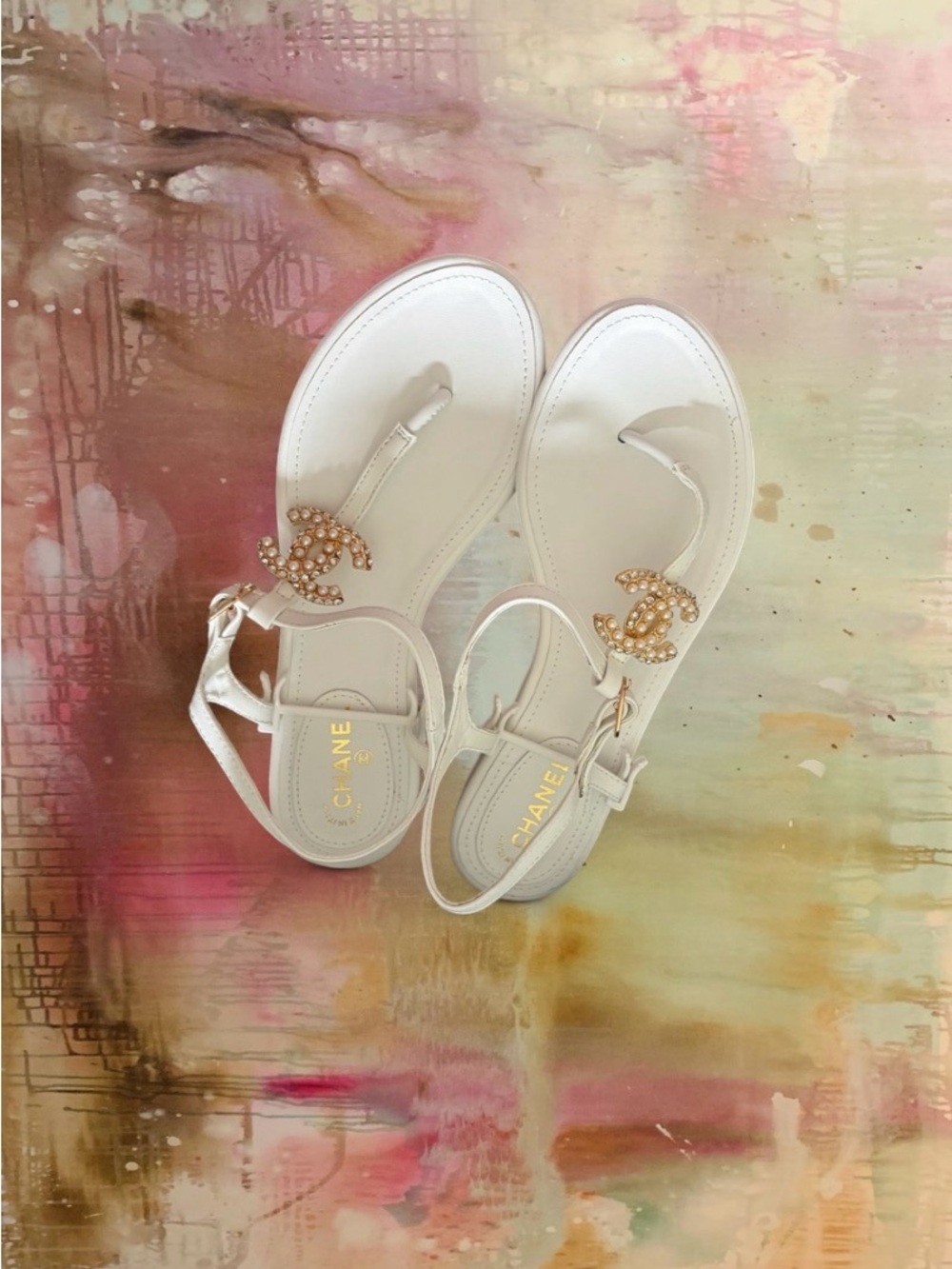 CHANEL White Pearl-Embellished T-Strap Sandals - Picture 2 of 3